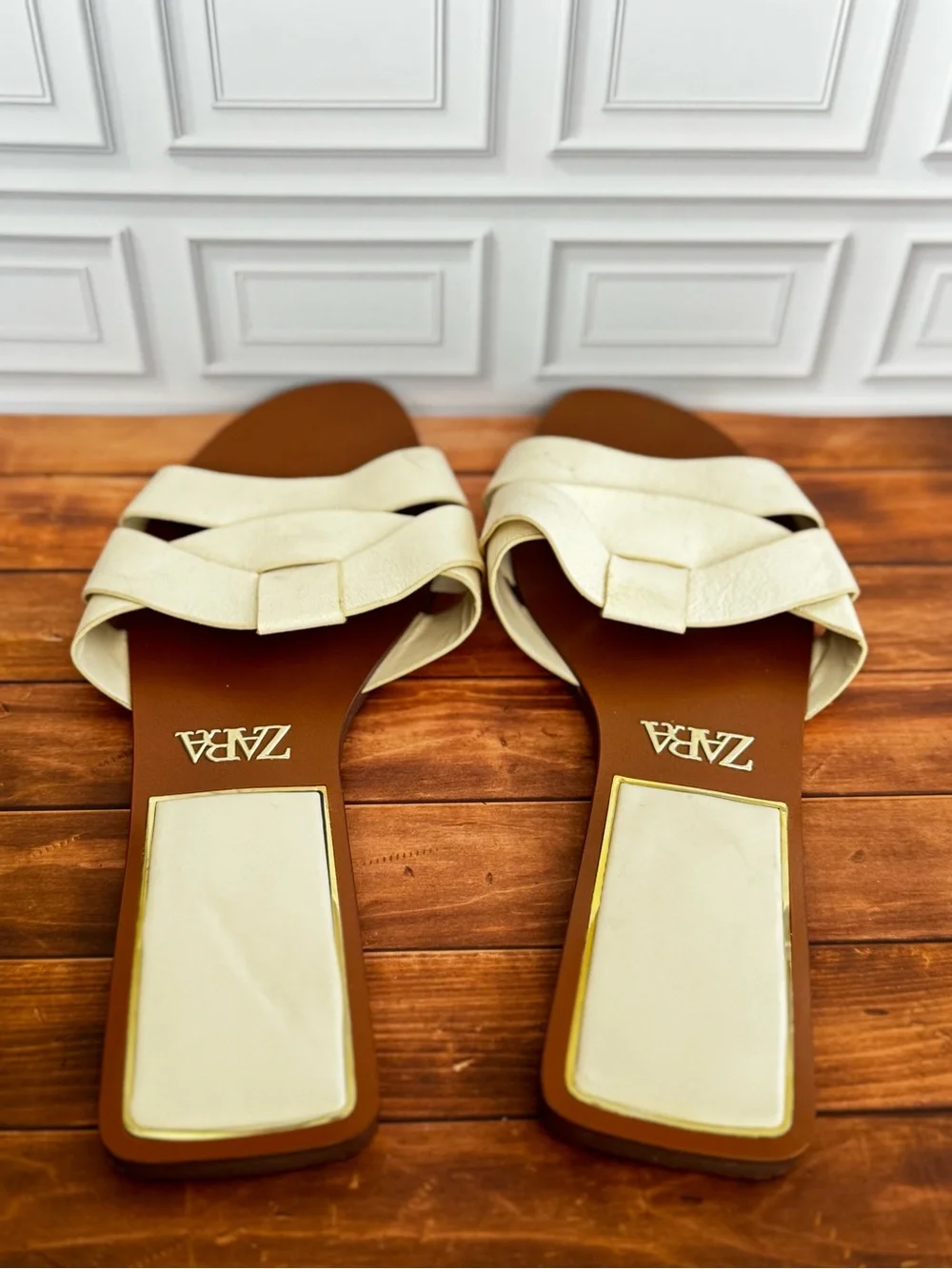 Zara leather Cream Braided Flat Slide Sandals - Picture 3 of 8